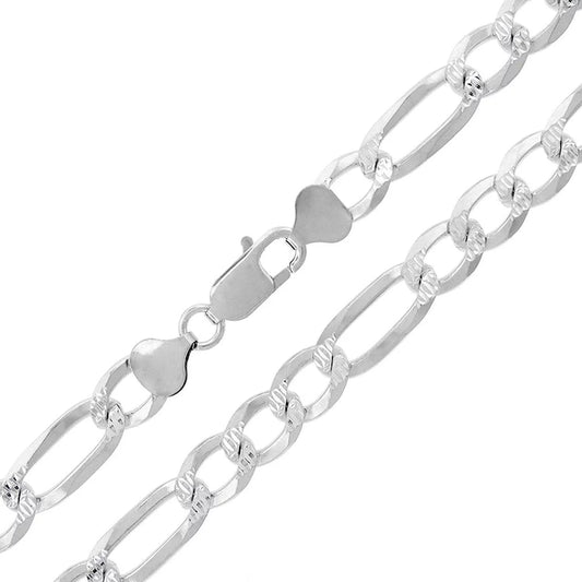 Solid Sterling Silver Figaro Link Diamond-Cut Pave .925 Itprolux Necklace Chains 3MM - 10.5MM, 16" - 30", Silver Chain for Men & Women, Made in Italy,