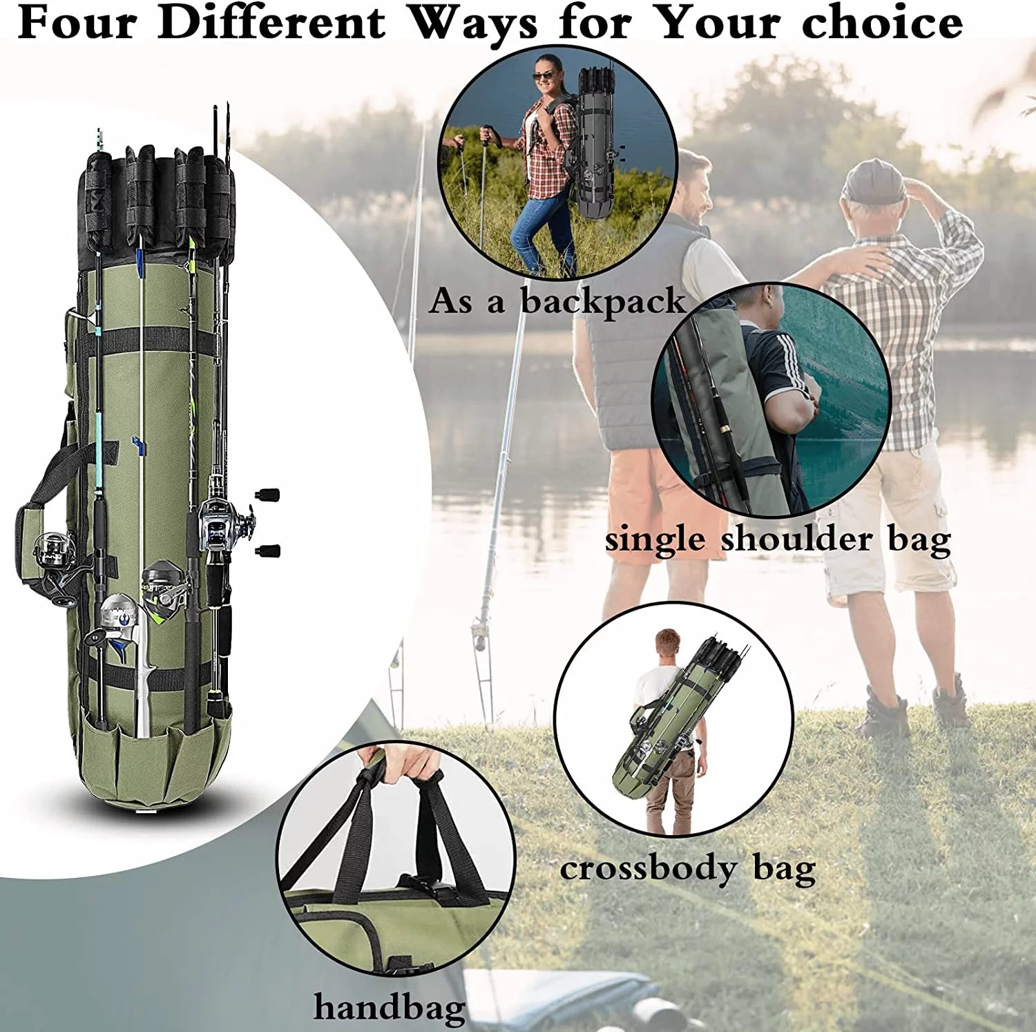 Fishing Bag,  Durable Canvas Fishing Rod Bag, Fishing Rod Case Holds 5 Poles and Tackle, Green