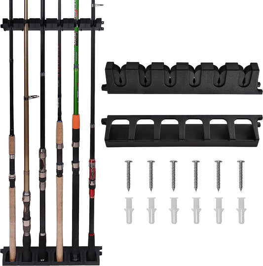 Wall Mount Fishing Rod Holders, Vertical 6 Fishing Pole Storage Rack for Garage Fishing Pole Holders Organizer Fishing Rods Storage Hanger Equipment Small/Large