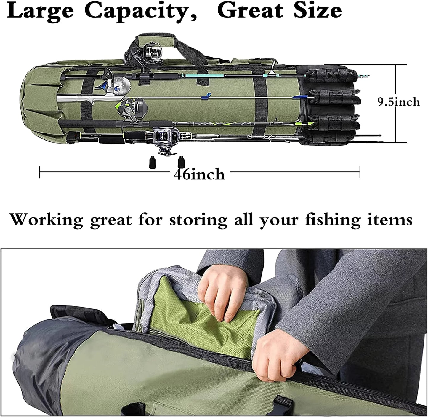 Fishing Bag,  Durable Canvas Fishing Rod Bag, Fishing Rod Case Holds 5 Poles and Tackle, Green