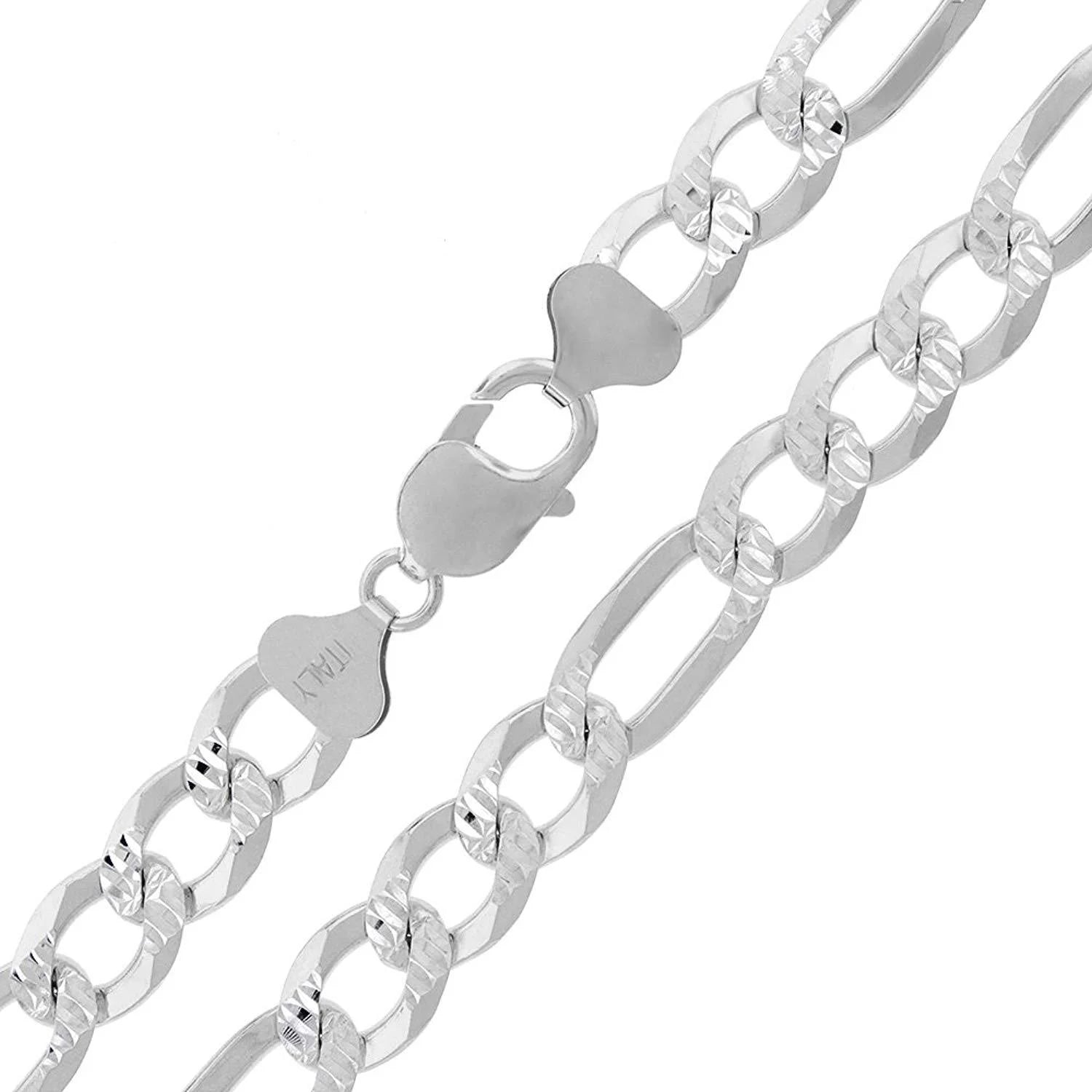 Solid Sterling Silver Figaro Link Diamond-Cut Pave .925 Itprolux Necklace Chains 3MM - 10.5MM, 16" - 30", Silver Chain for Men & Women, Made in Italy,