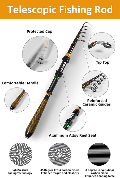 Fishing Rod and Reel Combo，Carbon Fiber Telescopic Fishing Pole with Stainless Steel Spinning Fishing Reel, Portable Travel Fishing Pole Combo for Youth Adults Beginner Saltwater Freshwater