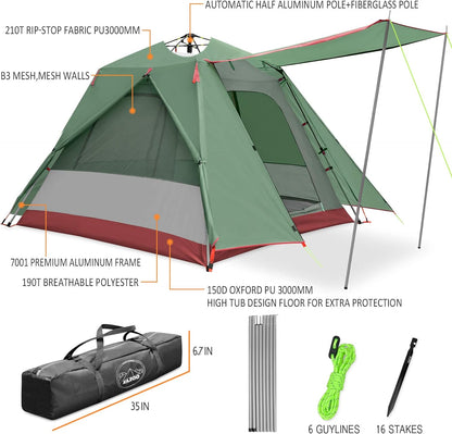 Camping Tents 3 Person Waterproof Instant Tents 3 People Cabin Tent Easy Setup with Sun Shade Automatic Aluminum Pole