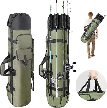 Fishing Bag,  Durable Canvas Fishing Rod Bag, Fishing Rod Case Holds 5 Poles and Tackle, Green