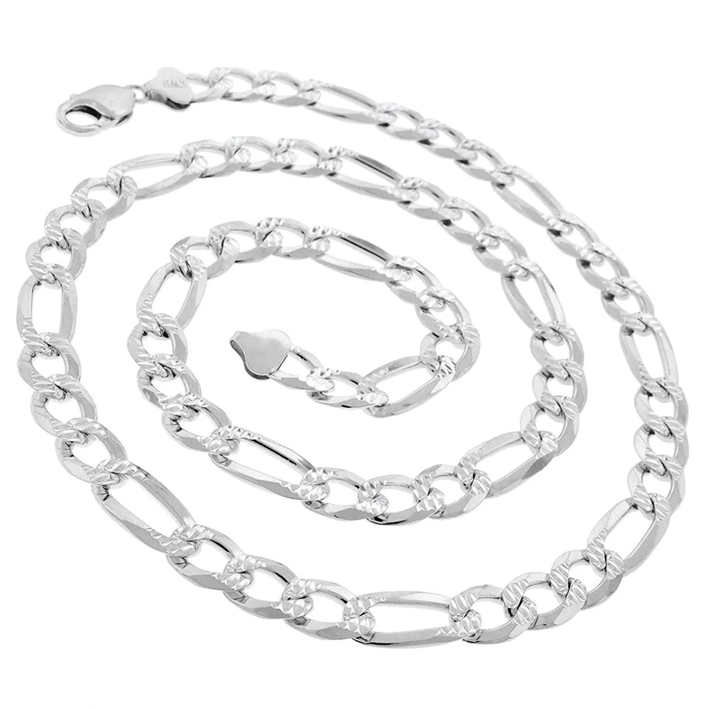 Solid Sterling Silver Figaro Link Diamond-Cut Pave .925 Itprolux Necklace Chains 3MM - 10.5MM, 16" - 30", Silver Chain for Men & Women, Made in Italy,