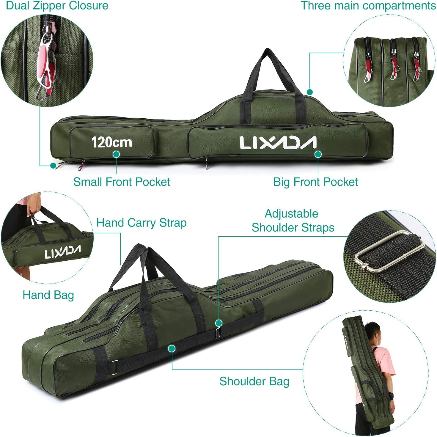 Fishing Rod Case 3 Layers Oxford Fishing Rod Bag Portable Folding Fishing Rod Carrier Case Fishing Reel Tackle Storage Travel Bags 90Cm/120Cm/150Cm Optional